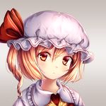  ascot bangs blonde_hair bow chiyu_(kumataro0x0) closed_mouth commentary_request eyebrows_visible_through_hair flandre_scarlet frilled_shirt_collar frills hair_between_eyes hat hat_bow long_hair looking_at_viewer mob_cap one_side_up orange_eyes portrait red_bow red_vest shirt solo touhou two-tone_background vest white_hat white_shirt wing_collar yellow_neckwear 