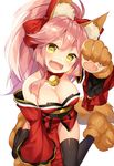  animal_ears bekotarou bell bell_collar black_legwear breasts cleavage collar fang fate/grand_order fate_(series) fox_ears fox_tail hair_ribbon highres large_breasts long_hair looking_at_viewer open_mouth paw_shoes paws pink_hair ribbon shoes simple_background solo tail tamamo_(fate)_(all) tamamo_cat_(fate) thighhighs white_background yellow_eyes 