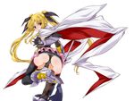  arched_back ass bardiche belt black_legwear blonde_hair blush boots cape commentary_request elbow_gloves fate_testarossa from_behind gauntlets gloves hair_ribbon highres leotard long_hair looking_at_viewer looking_back lyrical_nanoha magical_girl mahou_shoujo_lyrical_nanoha red_eyes ribbon shiny shiny_hair shiny_skin simple_background skirt solo thighhighs twintails very_long_hair white_background yashima_tetsuya 