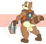  anthro barefoot bottomless butt clothed clothing grin guardians_of_the_galaxy gun hi_res holding_object holding_weapon looking_at_viewer looking_back male mammal marvel naughty_face rabidraccoon raccoon raised_tail ranged_weapon rear_view rocket_raccoon simple_background slightly_chubby smile solo vest weapon 
