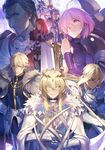  5boys agravain_(fate/grand_order) armor armored_dress artoria_pendragon_(all) artoria_pendragon_(lancer) bangs bedivere bianyuanqishi blonde_hair blue_eyes breastplate cloak closed_eyes closed_mouth commentary_request crown elbow_gloves eyebrows_visible_through_hair fate/apocrypha fate/extra fate/grand_order fate_(series) forehead full_armor fur_trim gauntlets gawain_(fate/extra) gloves green_eyes hair_between_eyes hair_over_one_eye highres holding holding_shield holding_sword holding_weapon knights_of_the_round_table_(fate) lancelot_(fate/grand_order) long_hair looking_at_viewer mash_kyrielight mordred_(fate) mordred_(fate)_(all) multiple_boys multiple_girls parted_lips pauldrons planted_weapon purple_eyes purple_gloves purple_hair red_hair serious sheath sheathed shield sidelocks silver_hair sword tristan_(fate/grand_order) uniform weapon 