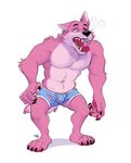  anthro barefoot boxer_briefs bulge canine clothed clothing full-length_portrait hi_res lock-wolf male mammal muscular one_eye_closed portrait sharp_teeth signature solo teeth tongue tongue_out topless torn_clothing underwear wolf 
