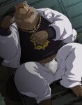  1boy animal_ears artist_name bara barefoot bear_boy bear_ears belly ben_bigger black_tank_top blush brown_fur bulge chain chain_necklace claws dated fat fundoshi furry furry_male hashtag-only_commentary highres jacket japanese_clothes jewelry looking_at_viewer male_focus necklace notched_ears pants plump samoji_(beastlover) scar scar_across_eye scar_on_face tank_top unbuttoned unzipped white_jacket white_pants zenless_zone_zero 