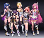  ankle_boots arin belt black_background black_gloves black_hair black_legwear blonde_hair blue_eyes blue_hair blush boots breasts cecilia_(pangya) closed_mouth detached_collar fingerless_gloves flat_chest full_body gloves green_eyes hair_between_eyes hana_(pangya) hand_on_hip head_tilt headphones high_ponytail kamdia knee_boots kooh large_breasts leotard long_hair looking_at_another looking_at_viewer lucia_(pangya) medium_breasts mismatched_legwear multiple_girls navel necktie number orange_hair outstretched_arm outstretched_arms pangya parted_lips pink_eyes pink_hair purple_eyes red_eyes short_hair short_sleeves silhouette small_breasts smile standing thighhighs twintails very_long_hair white_footwear 