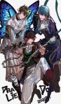  3boys absurdres aqua_eyes ascot black_boots black_hat blue_eyes blue_hair blue_ribbon blue_shirt blush boots brown_boots brown_hair butterfly_wings chain chain_around_neck closed_mouth collarbone commentary_request cuffs dated frilled_ascot frilled_cuffs frills full_body gloves green_sash green_vest grey_jacket hair_between_eyes handcuffs hat hat_ribbon highres idolmaster idolmaster_side-m insect_wings jacket jewelry kashiwagi_tsubasa kuzunoha_amehiko looking_at_viewer male_focus multiple_boys nana_tetra necklace open_mouth pants pointy_ears purple_robe red_eyes red_hair ribbon robe sash shirt short_hair simple_background smile tendo_teru vest white_ascot white_background white_gloves white_pants white_robe white_shirt wings 