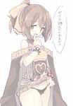  armor bare_shoulders black_panties blush boots bow bracelet breastplate brown_eyes brown_hair cape dyute_(fire_emblem) fang fire_emblem fire_emblem_echoes:_mou_hitori_no_eiyuuou jewelry long_hair open_mouth panties panty_lift ponytail simple_background smile solo teu_(navy) translated underwear white_background 