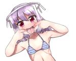  arms_up bangs bikini blue_bikini collarbone drooling dutch_angle eyebrows_visible_through_hair finger_in_mouth flat_chest hair_between_eyes kounosu_satori long_hair looking_at_viewer nipple_piercing open_mouth original petite piercing purple_bikini purple_eyes purple_hair saliva shiny shiny_hair simple_background solo striped striped_bikini swimsuit tears teeth tongue tongue_out upper_body white_background 