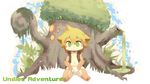  16:9 anthro barefoot blonde_hair briefs canine clothed clothing cub english_text fantasy front_view fur green_eyes hair landscape looking_at_viewer male mammal moki navel open_mouth open_vest outside sitting solo tan_fur text topless tree underwear white_fur young 