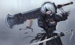  black_dress black_gloves black_hairband blindfold breasts cleavage cleavage_cutout covered_eyes dress dual_wielding dzydar feather-trimmed_sleeves gloves hairband holding holding_weapon huge_weapon katana long_sleeves medium_breasts nier_(series) nier_automata over_shoulder pod_(nier_automata) puffy_long_sleeves puffy_sleeves reverse_grip side_slit silver_hair sword sword_over_shoulder vambraces weapon weapon_over_shoulder yorha_no._2_type_b 