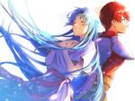  1boy 1girl adol_christin ancient_ys_vanished armor blue_hair closed_eyes dress feena_(ys) floating_hair hwhh long_hair long_sidelocks pauldrons red_hair short_hair shoulder_armor sidelocks simple_background smile white_background white_dress ys 