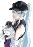  1girl animal baseball_cap black_hat blue_hair blunt_bangs cat commentary cross_hair_ornament facial_mark girls&#039;_frontline girls&#039;_frontline_2:_exilium gloves green_eyes hair_ornament hat highres hk416_(girls&#039;_frontline) holding holding_animal holding_cat jacket klukai_(girls&#039;_frontline_2) lips long_hair looking_at_viewer multicolored_jacket non-web_source off_shoulder osakana_(denpa_yun&#039;yun) petting ponytail puckered_lips purple_jacket sidelocks simple_background solo symbol-only_commentary tattoo teardrop teardrop_facial_mark teardrop_tattoo two-tone_jacket upper_body very_long_hair white_background white_cat white_hair white_jacket 