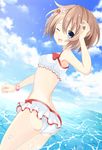  absurdres bikini_skirt blanc blue_eyes blush brown_hair flower hair_flower hair_ornament hand_up highres looking_at_viewer looking_back neptune_(series) one_eye_closed ramu-on@_shinon smile solo splashing swimsuit water wristband 