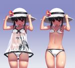  :d bikini black_hair camisole collarbone cowboy_shot flat_chest floral_print flower gradient gradient_background hand_on_headwear hat hat_flower hibiscus kamdia kooh looking_at_viewer multiple_views navel open_mouth pangya red_eyes smile sun_hat swimsuit white_bikini 