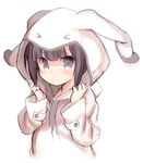  &gt;_&lt; animal_hood bangs black_hair blush bunny_hood closed_mouth eyebrows_visible_through_hair grey_eyes hood hood_up kurasuke looking_at_viewer sidelocks silver_eyes simple_background smile solo tareme upper_body white_background 