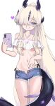  1girl absurdres arknights blonde_hair breasts cellphone cleavage cutoffs denim denim_shorts dragon_girl dragon_horns dragon_tail hair_over_one_eye heart highres holding holding_phone horns large_breasts long_hair looking_at_viewer midriff momip navel necrass_(arknights) open_clothes open_fly open_shorts phone selfie short_shorts shorts simple_background smartphone smile solo standing tail unzipped very_long_hair white_background 