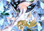  1girl armor blonde_hair breasts crystal fighting_stance floating_hair green_eyes highres large_breasts legs long_hair looking_at_viewer open_mouth panties pantyshot peacock_pavlin saint_seiya saint_seiya_omega serious shiny shiny_armor solo thighs tiara underwear upside-down yadokari_genpachirou 