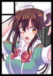  bangs black_border blush border bow bowtie breasts brown_eyes brown_hair cellphone circle_cut collared_shirt commentary_request fang fingernails hair_between_eyes holding holding_cellphone holding_phone kantai_collection long_hair looking_at_viewer medium_breasts open_mouth phone red_bow red_neckwear self_shot shiny shiny_hair shirt short_sleeves smartphone solo taking_picture tone_(kantai_collection) wing_collar yami_(m31) 