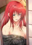  1girl ahoge bare_shoulders black_kimono blue_eyes blurry blurry_background breasts cleavage commentary crossed_bangs futon hair_between_eyes high_school_dxd indoors japanese_clothes kimono large_breasts long_hair looking_at_viewer minaisu off_shoulder open_mouth paid_reward_available red_hair rias_gremory shouji sliding_doors smile solo sweat yukata 
