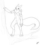  anthro athletic black_sclera canine digimon flaccid fox fur hi_res looking_at_viewer male mammal monochrome muscular outside pecs penis renamon solo standing thunder-renamon tree uncut 