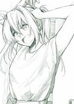  adjusting_hair alternate_costume armpit_peek arms_up belt blush commentary door doorknob ears_visible_through_hair eyebrows_visible_through_hair fang hair_between_eyes hair_intakes hair_ribbon head_tilt highres kantai_collection line_shading long_hair looking_at_viewer monochrome open_mouth ribbon short_sleeves solo spot_color tone_(kantai_collection) twintails tying_hair upper_body yami_(m31) 