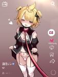  1boy ahoge azulasi black_dress black_surgical_mask blonde_hair blush body_writing bulge collar collarbone commentary cross cross_necklace crossdressing detached_sleeves dress english_commentary full-face_blush garter_belt garter_straps grey_eyes heart highres jewelry kagamine_len leash looking_at_viewer male_focus navel necklace nun open_mouth otoko_no_ko panties red_collar short_hair short_twintails sidelocks sketch solo stomach string_panties swept_bangs tally thighhighs tiktok tongue tongue_out translation_request twintails underwear viewer_holding_leash vocaloid white_panties white_thighhighs 