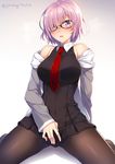  bangs black-framed_eyewear black_dress black_legwear blush breasts commentary_request covered_navel dress fate/grand_order fate_(series) glasses hair_over_one_eye jacket large_breasts lavender_hair long_sleeves looking_at_viewer mash_kyrielight necktie nose_blush off_shoulder open_clothes open_jacket pantyhose parted_lips purple_eyes red_neckwear short_hair sitting solo twitter_username wariza yanagi_(tsukiakari) 