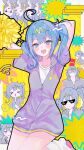  &gt;_&lt; 1girl @_@ ahoge arms_up blue_eyes blue_hair border chibi chibi_inset collarbone commentary hair_between_eyes hatsune_miku highres holding holding_pom_poms jacket loose_socks open_mouth pom_pom_(cheerleading) purple_jacket shirt short_sleeves short_twintails socks sweatdrop telepathy_(vocaloid) thug_life twintails upside-down vocaloid white_border white_shirt white_socks white_undershirt zar6vnffxk22155 