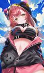  1girl :3 absurdres bikini black_jacket blue_sky blush breasts buckle cleavage closed_mouth colored_skin commentary_request day from_below grey_bikini headband highres hood hood_up jacket large_breasts long_hair long_sleeves looking_at_viewer looking_down multicolored_hair navel nekota_tsuna object_in_pocket open_clothes open_jacket orange_hair outdoors pocket pom_pom_(clothes) red_hair sky smile solo streaked_hair striped_bikini striped_clothes swimsuit two-tone_hair underbust unzipped virtual_youtuber vspo! wakaunderblade7 yellow_eyes zipper zipper_pull_tab 