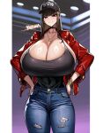  1girl absurdres black_camisole black_choker black_hat blunt_bangs border bracelet breasts bright_pupils brown_hair camisole character_name choker cleavage collarbone commentary_request cowboy_shot cross cross_choker denim english_text gigantic_breasts grin hands_on_own_hips hat hat_writing highres jacket jeans jewelry katsuragi_yuzuha long_hair long_sleeves looking_at_viewer multiple_bracelets necklace open_clothes open_jacket original pants parted_lips red_eyes red_jacket shiny_clothes shiny_skin sideboob sidelocks smile solo spaghetti_strap standing sternocleidomastoid_muscle torn_clothes torn_jeans torn_pants unzipped white_border white_pupils wolffeld_price 