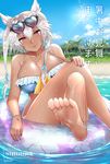  2017 anklet barefoot beach bikini blue_nails bracelet breasts cleavage crossed_legs dark_skin day eyewear_on_head feet hair_flaps hair_ribbon heart heart-shaped_eyewear highres innertube jewelry kantai_collection large_breasts lens_flare long_hair looking_at_viewer musashi_(kantai_collection) nail_polish necklace ocean outdoors palm_tree red_eyes ribbon shime silver_hair soles solo summer sun sunglasses swimsuit toes translation_request tree twintails water 