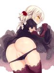  anus ass black_dress black_panties censored commentary_request dress elbow_gloves fat_mons flower from_behind gloves hair_flower hair_ornament kurasuke long_hair looking_back mosaic_censoring original panties panty_pull pussy pussy_juice red_legwear silver_hair solo thighhighs underwear white_background yellow_eyes 