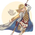  armor bad_id bad_pixiv_id bird blonde_hair boots braid cape closed_eyes feathered_wings feh_(fire_emblem_heroes) fire_emblem fire_emblem_heroes gloves highres long_hair low_ponytail miya_(pixiv15283026) multicolored_hair one_eye_closed owl pink_hair polearm sharena simple_background solo spear thigh_boots thighhighs tongue tongue_out two-tone_hair weapon white_background wings zettai_ryouiki 