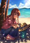  beach blouse blue_ribbon blue_skirt blue_sky bracelet brown_eyes brown_hair bucket closed_mouth cloud cloudy_sky dappled_sunlight day fate/extra fate/extra_ccc fate_(series) from_side full_body hat hat_removed hat_ribbon headwear_removed jewelry kishinami_hakuno_(female) legs_together light_frown long_hair long_skirt looking_at_viewer minami_ikkei ocean outdoors palm_tree pink_blouse ribbon sand sandals short_sleeves sitting skirt sky solo straw_hat sun_hat sunlight tree water 