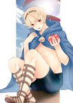  akina_(akn1819) alternate_costume blonde_hair blush cape cloud day fire_emblem fire_emblem_heroes fire_emblem_if leon_(fire_emblem_if) male_focus open_mouth red_eyes sandals shirtless sitting sky sun swimsuit teeth tomato 