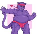  anthro bulge cat clothing eroborus feline fighting_stance fist front_view grin headband leliel looking_at_viewer male mammal moobs musclegut naughty_face navel overweight smile solo standing thong warrior 