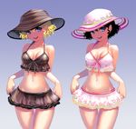  :d alternate_color alternate_hairstyle bikini_bottom black_hair breasts breasts_apart camisole cecilia_(pangya) collarbone cowboy_shot gradient gradient_background groin hair_between_eyes hat head_tilt kamdia looking_at_viewer medium_breasts miniskirt multiple_views navel open_mouth pangya see-through short_hair skirt smile star star_print sun_hat thigh_gap thighs wavy_hair 