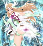  1girl aquila_yuna armor ass blonde_hair blue_eyes breasts brooch cameltoe elbow_gloves fighting_stance floating_hair highres leg_up legs light long_hair looking_at_viewer open_mouth panties pantyshot pantyshot_(standing) saint_seiya saint_seiya_omega serious small_breasts solo standing thighs tiara underwear yadokari_genpachirou 