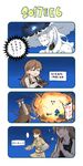  3girls 4koma ^_^ arashio_(kantai_collection) blue_eyes boat brown_hair bruise bruise_on_face closed_eyes comic commentary daihatsu_(landing_craft) explosion gameplay_mechanics ground_vehicle hat highres injury kantai_collection long_hair midriff military military_vehicle motor_vehicle multiple_girls navel ooi_(kantai_collection) pleated_skirt remodel_(kantai_collection) rowan_(kanonsecret) school_uniform seaport_summer_hime serafuku shinkaisei-kan skirt spoken_ellipsis sweat tank throwing translated triangle_mouth turret type_95_ha-gou watercraft white_hair white_skin x_x 