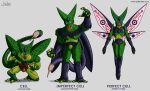  1boy abdomen_tail absurdres android arm_up arthropod_boy artist_name beak biomechanical black_carapace black_wings blue_skin blue_tongue bug butterfly carapace cell_(dragon_ball) character_name cicada colored_mouth colored_sclera colored_skin colored_tongue dragon_ball dragon_ball_z english_commentary english_text grasshopper green_carapace green_wings highres imperfect_cell insect_wings monster multiple_views no_humans open_mouth outstretched_arms perfect_cell pink_sclera pink_wings redesign reference_sheet semi-perfect_cell signature slit_pupils spots spread_arms squatting tail the_quill_warrior web_address wings 