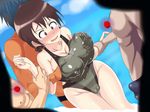 1girl 3boys blush breast_grab breasts brown_eyes brown_hair cameltoe collarbone erect_nipples gertrud_barkhorn groin large_breasts multiple_boys strike_witches swimsuit swimwear world_witches_series 
