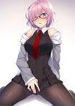  bangs black-framed_eyewear black_dress black_legwear blush breasts covered_navel dress fate/grand_order fate_(series) glasses hair_over_one_eye jacket large_breasts lavender_hair long_sleeves looking_at_viewer mash_kyrielight necktie nose_blush off_shoulder open_clothes open_jacket pantyhose parted_lips purple_eyes red_neckwear revision short_hair sitting solo wariza yanagi_(tsukiakari) 