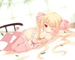  argyle_pillow bangs bed blonde_hair blush bow breasts cleavage closed_mouth commentary_request cream eyebrows_visible_through_hair hair_between_eyes hair_bow hips indoors kurasuke leaf long_hair looking_at_viewer lying medium_breasts nipples no_bra no_panties on_bed on_side one_eye_closed original petals pillow pink_bow pink_legwear red_eyes solo suggestive_fluid thigh_gap thighhighs tsurime twintails very_long_hair 