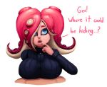  big_breasts blue_eyes breasts clothed clothed_sex clothing cum duo english_text female humanoid lips male male/female nintendo octoling outta_sync precum sex solo_focus splatoon sweater text titfuck video_games 