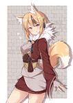  animal_ears bangs blonde_hair blush brick_wall brown_hair cowboy_shot eyebrows_visible_through_hair fingerless_gloves fire_emblem fire_emblem_if fox_ears fur_trim gloves heart japanese_clothes jiino kinu_(fire_emblem_if) long_sleeves looking_at_viewer multicolored_hair sidelocks smile solo streaked_hair tail tongue tongue_out wide_sleeves yellow_eyes 