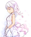  backless_dress backless_outfit bangs blue_hair braid breasts dress expressionless eyebrows_visible_through_hair from_side gloves half-closed_eyes jitome kurasuke long_hair original parted_lips sideboob small_breasts solo twin_braids white_dress white_gloves white_hair 