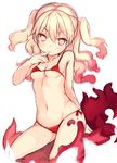  :&lt; bangs bikini blonde_hair blush breasts closed_mouth eyebrows_visible_through_hair finger_to_mouth hair_between_eyes hand_up index_finger_raised kurasuke long_hair looking_at_viewer micro_bikini multicolored multicolored_eyes original red_bikini red_eyes side-tie_bikini simple_background sitting small_breasts solo swimsuit tsurime twintails wavy_hair white_background yellow_eyes 
