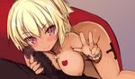  1girl bangs blonde_hair blush breast_tattoo breasts censored closed_mouth couch cross cross_necklace dark_skin dark_skinned_male erection eyebrows_visible_through_hair heart_tattoo hetero jewelry kurasuke large_breasts looking_at_viewer necklace nipples nude on_couch original penis purple_eyes sidelocks sketch smile solo_focus tattoo 