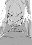  1girl arms_at_sides bangs barefoot blurry breasts breasts_apart bulge closed_mouth depth_of_field expressionless eyebrows_visible_through_hair from_above genb greyscale hair_between_eyes height_difference kemono_friends long_hair looking_at_viewer looking_back low_ponytail monochrome nude pov shoebill_(kemono_friends) side_ponytail sketch small_breasts standing sweat 