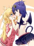  2girls aqua_eyes back bare_shoulders blonde_hair blue_eyes blue_hair blush commentary_request demon_girl demon_horns demon_tail demon_wings finger_to_another's_mouth forehead-to-forehead frown gabriel_dropout hair_ornament hallelujah_essaim hand_on_another's_face horns imminent_kiss jacket long_hair messy_hair miniskirt multiple_girls open_mouth parted_lips profile revision sazanka short_hair skirt strapless tail tenma_gabriel_white track_jacket tsukinose_vignette_april tubetop wings x_hair_ornament you_gonna_get_raped yuri 