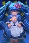  1girl apron aqua_eyes aqua_hair artist_name blue_dress blue_hat blue_theme bow crying crying_with_eyes_open diagonal-striped_bow dress facing_viewer fingernails hair_between_eyes hat hat_bow hatsune_miku highres luckyfivenights maid_apron mesmerizer_(vocaloid) puffy_short_sleeves puffy_sleeves short_sleeves signature song_name striped_clothes striped_dress tears twintails vertical-striped_clothes vertical-striped_dress visor_cap vocaloid waist_apron white_apron wrist_cuffs 